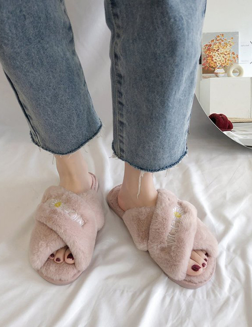 Fashion Pink Open Toe Letter Embroidered Cross Flat Slipper