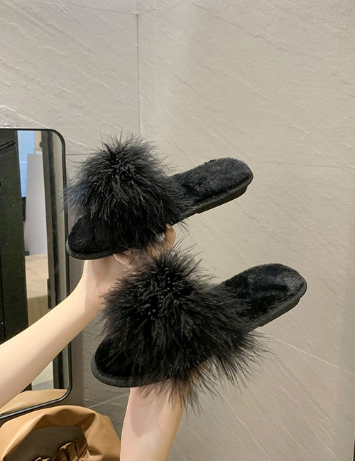 Fashion Black Ostrich Fur Round Flat Slippers