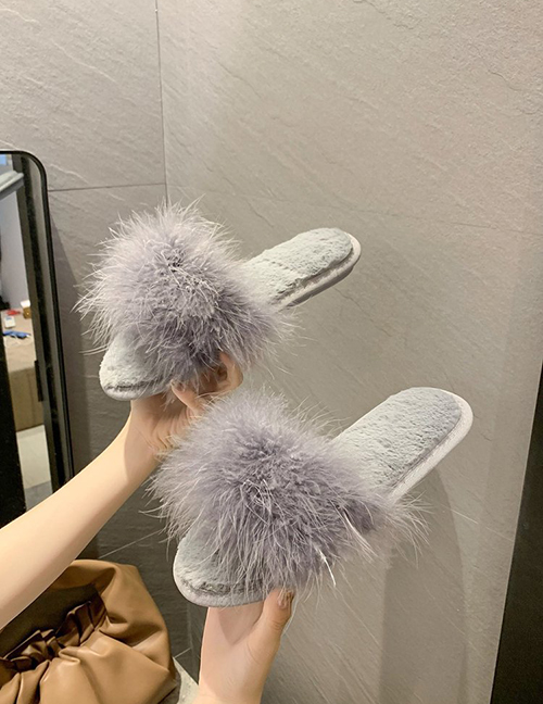 Fashion Gray Ostrich Fur Round Flat Slippers