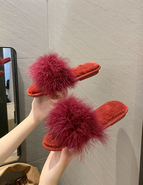 Fashion Red Wine Ostrich Fur Round Flat Slippers