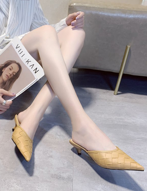 Fashion Khaki Woven Pointed Toe Stiletto Half Slippers