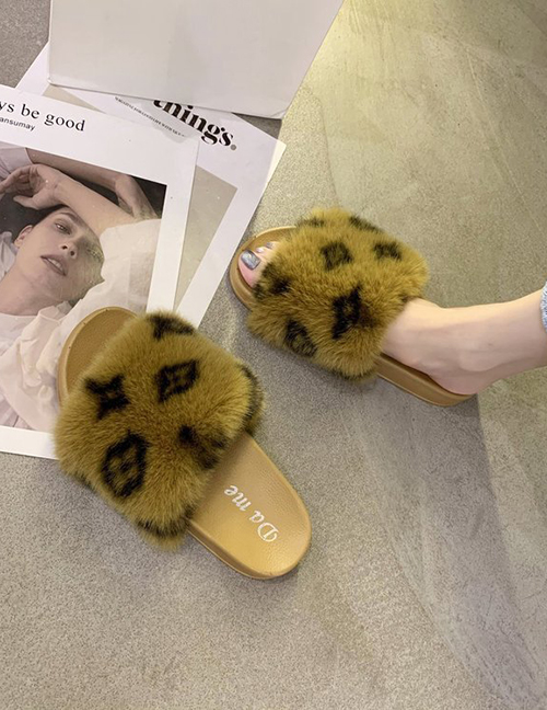 Fashion Yellowish Brown Leopard Print Round Head Flat-bottomed Fur Slippers