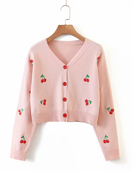 Fashion Pink Cherry Embroidered V-neck Single-breasted Cardigan Sweater