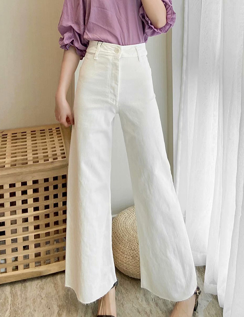 Fashion White High-rise Frayed Denim Wide-leg Trousers