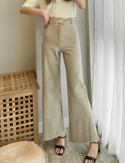 Fashion Khaki High-rise Frayed Denim Wide-leg Trousers