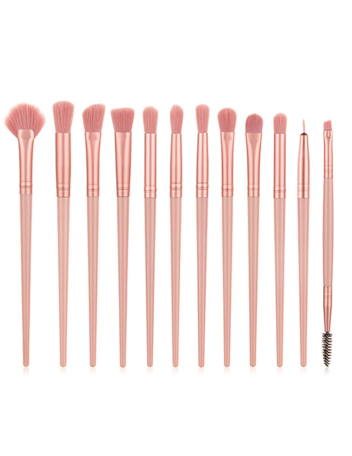 Fashion 12 Pink Eyebrow Brushes-straight Wooden Handle Aluminum Tube Makeup Brush Set