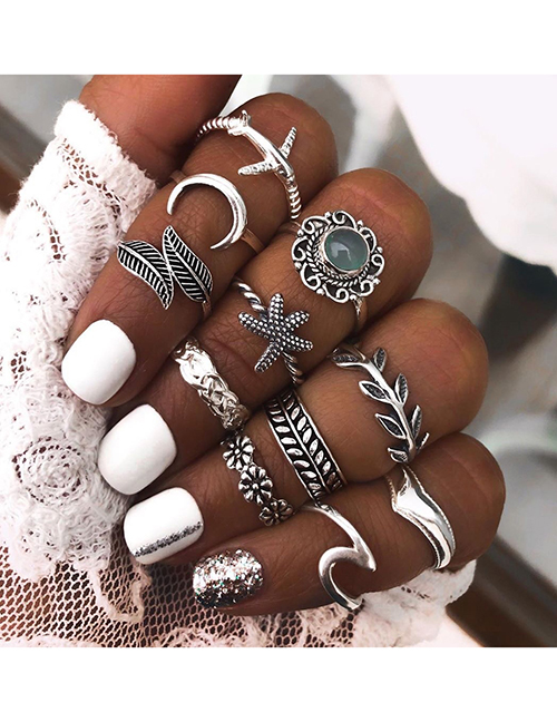 Fashion White K Jeweled Leaf Starfish Geometric Alloy Ring Set