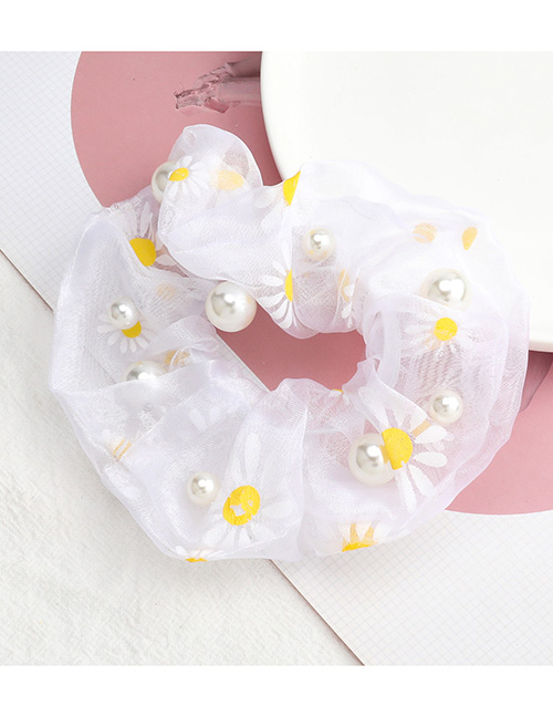 Fashion White Organza Small Daisy Print Pearl Large Intestine Ring Hair Rope