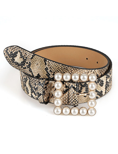Fashion Brown Japanese Word Inlaid Pearl Square Buckle Belt