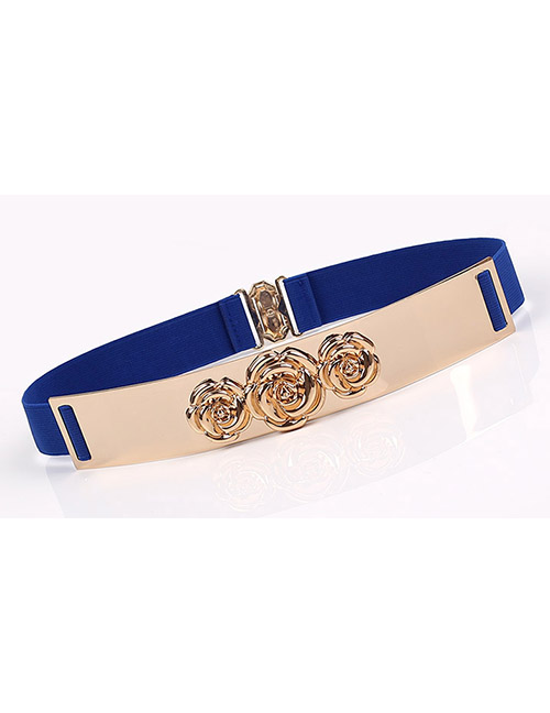 Fashion Blue Metal Mirror Belt Flower Elastic Elastic Belt