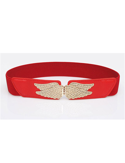 Fashion Red Elastic Elastic Belt With Metal Buckle Wings