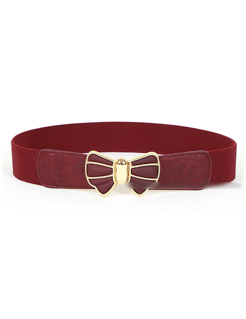Fashion Red Wine Elastic Belt With Metal Buckle Bow