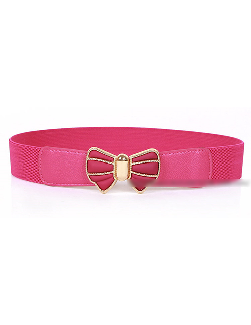 Fashion Rose Red Elastic Belt With Metal Buckle Bow