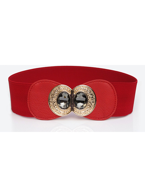Fashion Red Double Buckle Large Rhinestone Alloy Bow Wide Girdle