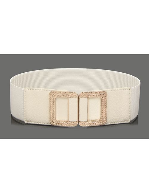 Fashion White Buckle-applied Leather Alloy Elastic Elastic Belt