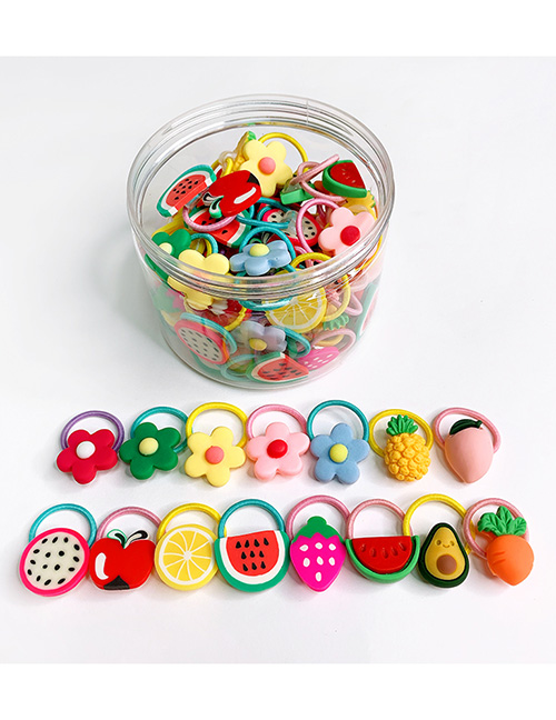 Fashion Box Of 30 Small Flowers And Fruits Resin Fruit Animal High Elastic Children Hair Rope Set