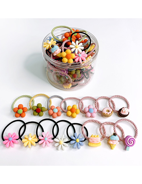 Fashion Box Of 30 Small Flower Donuts Resin Fruit Animal High Elastic Children Hair Rope Set