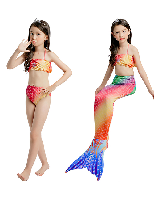 Fashion Suspender + Twill Rainbow Mermaid Swimming Dress Halter Tie-dye Printed Childrens Mermaid Split Swimsuit