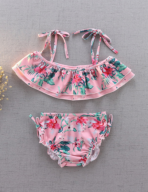 Fashion Pink Split Swimsuit Long-sleeved Flower Print Ruffled Quick-drying Swimsuit For Children