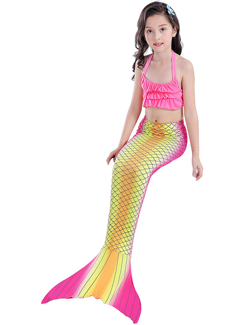 Fashion Egg Yellow Tether Halterneck Ruffled Childrens Mermaid Split Swimsuit