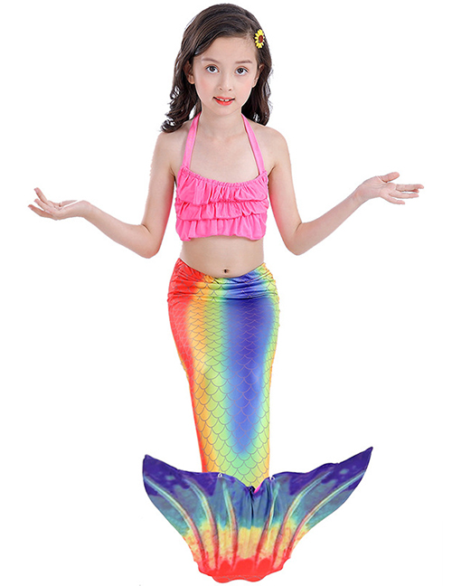 Fashion Yellow Blue Tether Halter Ruffled Childrens Mermaid Split Swimsuit