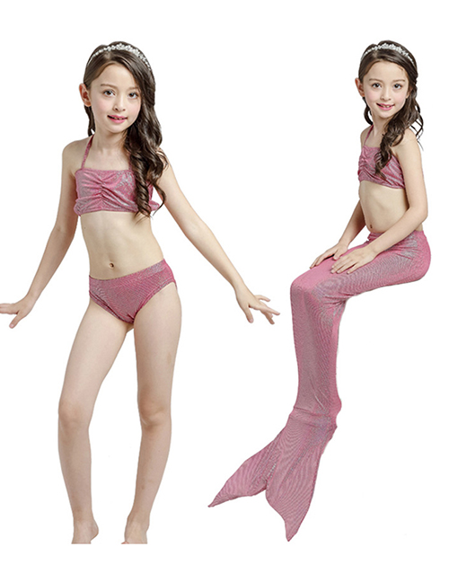 Fashion Plum Red Mermaid Swim Skirt Halter Folds Childrens Mermaid Split Swimsuit