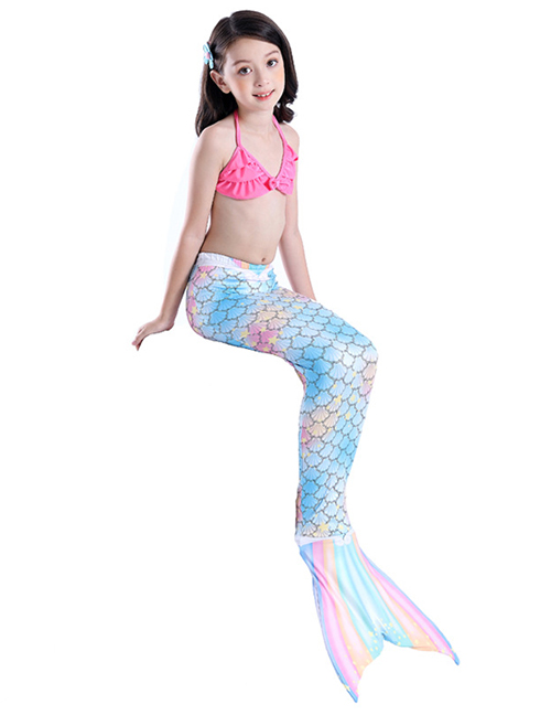 Fashion Blue Printed Pleated Childrens Mermaid Split Swimsuit