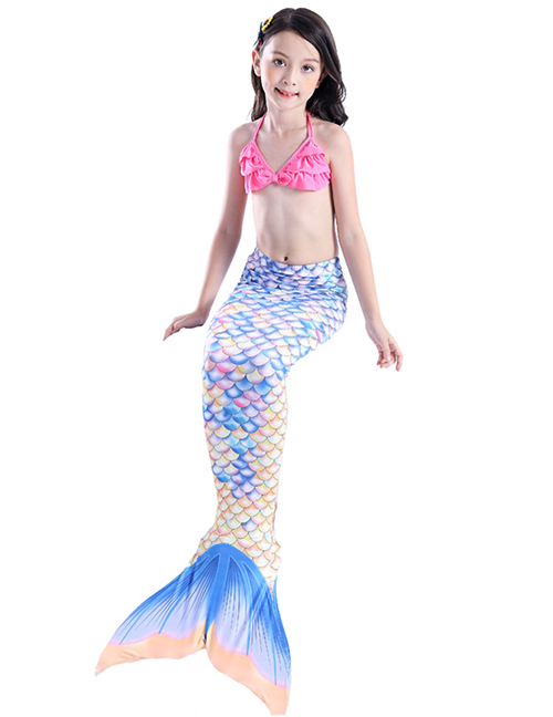 Fashion Royal Blue Printed Pleated Childrens Mermaid Split Swimsuit