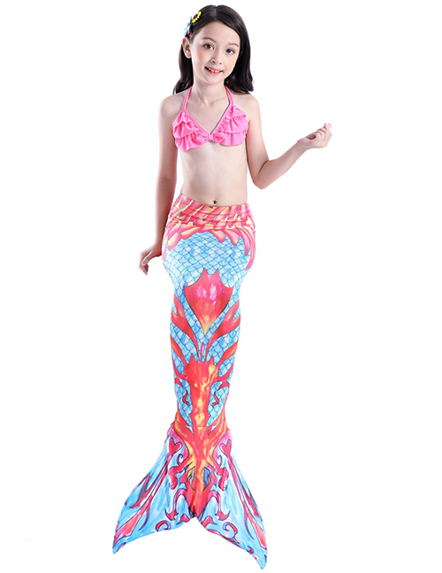 Fashion Red Flame Printed Pleated Childrens Mermaid Split Swimsuit