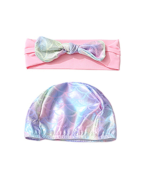 Fashion Swimming Cap + Headwear Bowknot Printed Net Yarn Childrens Mermaid Split Swimsuit