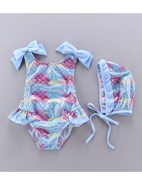 Fashion Fish Scale Orchid Rose Fish Scale Print Bow Ruffled One-piece Swimsuit