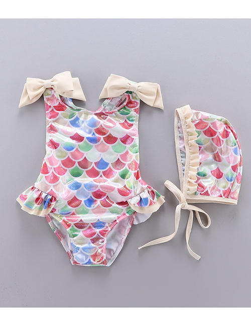 Fashion Color Mixing Fish Scale Print Bow Ruffled One-piece Swimsuit