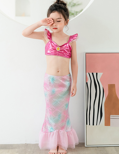 Fashion Rose Red Ruffle Print Childrens Mermaid Split Swimsuit