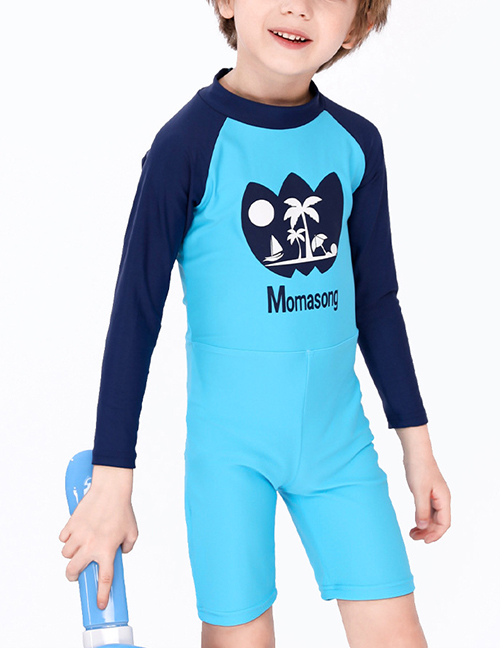 Fashion Blue Childrens One-piece Long-sleeved Coconut Swimsuit