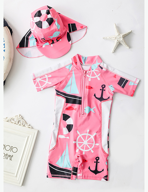 Fashion Pink Navigator Pink Anchor Pattern Childrens One-piece Swimsuit Set