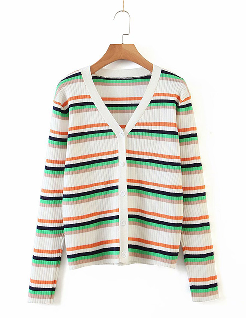 Fashion White Background Striped Knit V-neck Single-breasted Sweater