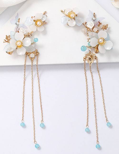 Fashion White Resin Flower Pearl Tassel Beaded Hairpin Earrings