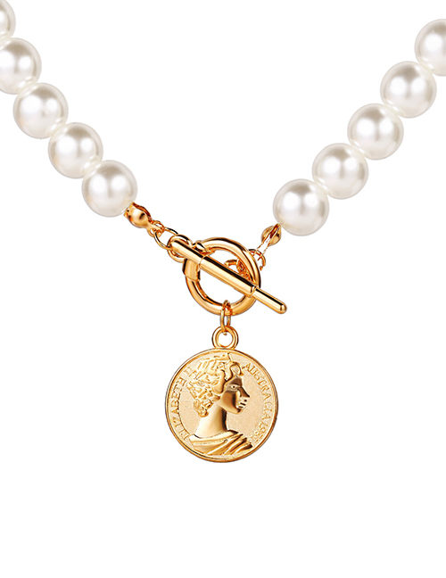 Fashion Golden Pearl Round Embossed Portrait Alloy Necklace