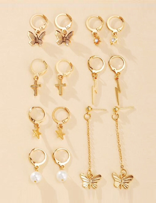 Fashion Golden Butterfly Pearl Cross Geometric Alloy Earrings Set