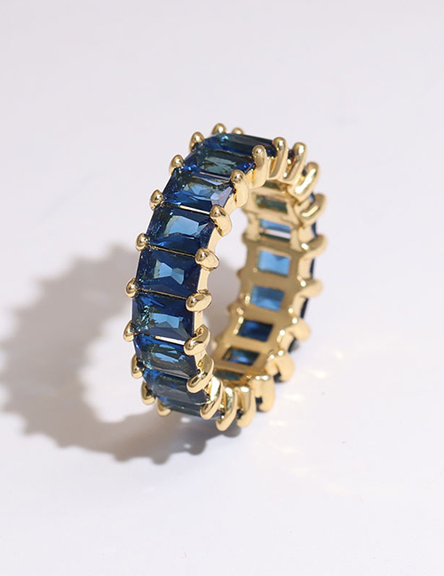 Fashion Blue Copper Inlaid Zircon Rectangular Ring