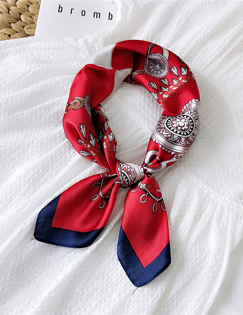 Fashion Crystal Chain Red Imitation Silk Flower Striped Geometric Printed Silk Scarf