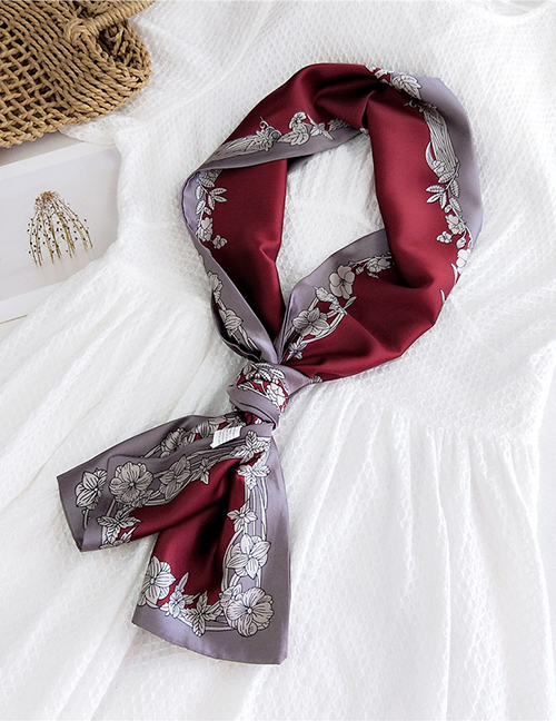 Fashion Lace Burgundy Narrow And Long Knotted Satin Printed Small Silk Scarf