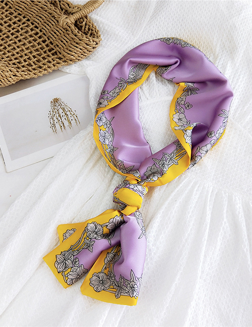 Fashion Lace Purple Narrow And Long Knotted Satin Printed Small Silk Scarf