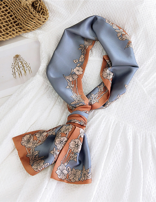Fashion Lace Gray Narrow And Long Knotted Satin Printed Small Silk Scarf