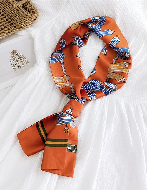 Fashion Hanging Chain Buckle Orange Narrow And Long Knotted Satin Printed Small Silk Scarf