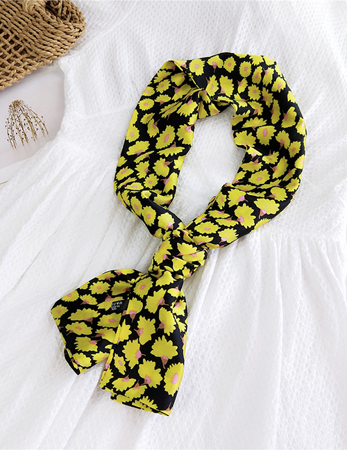 Fashion Yellow Thorn Rose Yellow Black Narrow And Long Knotted Satin Printed Small Silk Scarf