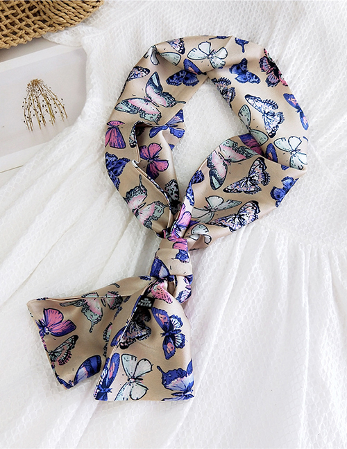 Fashion Butterfly Specimen Khaki Narrow And Long Knotted Satin Printed Small Silk Scarf