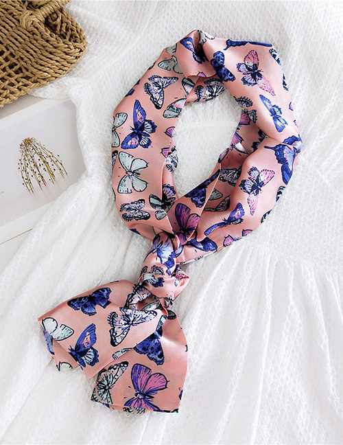 Fashion Butterfly Specimen Powder Narrow And Long Knotted Satin Printed Small Silk Scarf