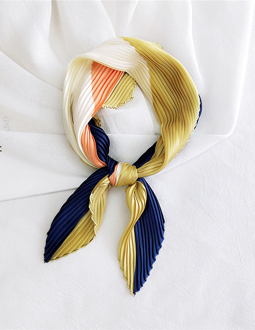 Fashion Color Matching Navy Yellow Pleated Silk Butterfly Stripe Print Geometric Small Square Scarf