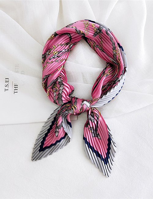 Fashion Gold Colorchain Leather Strip Rose Red Pleated Silk Butterfly Stripe Print Geometric Small Square Scarf